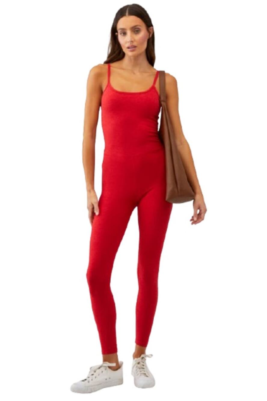 BEYOND YOGA Uplevel Midi Jumpsuit Large 12-14 Ruby Red Heather Space Dye NWT